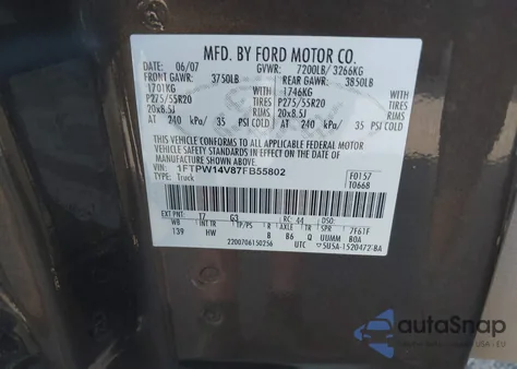 2007 Ford F-150 Fx4/Lariat/Xlt из США, поврежденный, VIN 1FTPW14V87FB55802